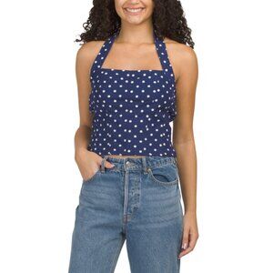 MIDNIGHT SKY Navy Linen Blend Polka Dot Halter Top